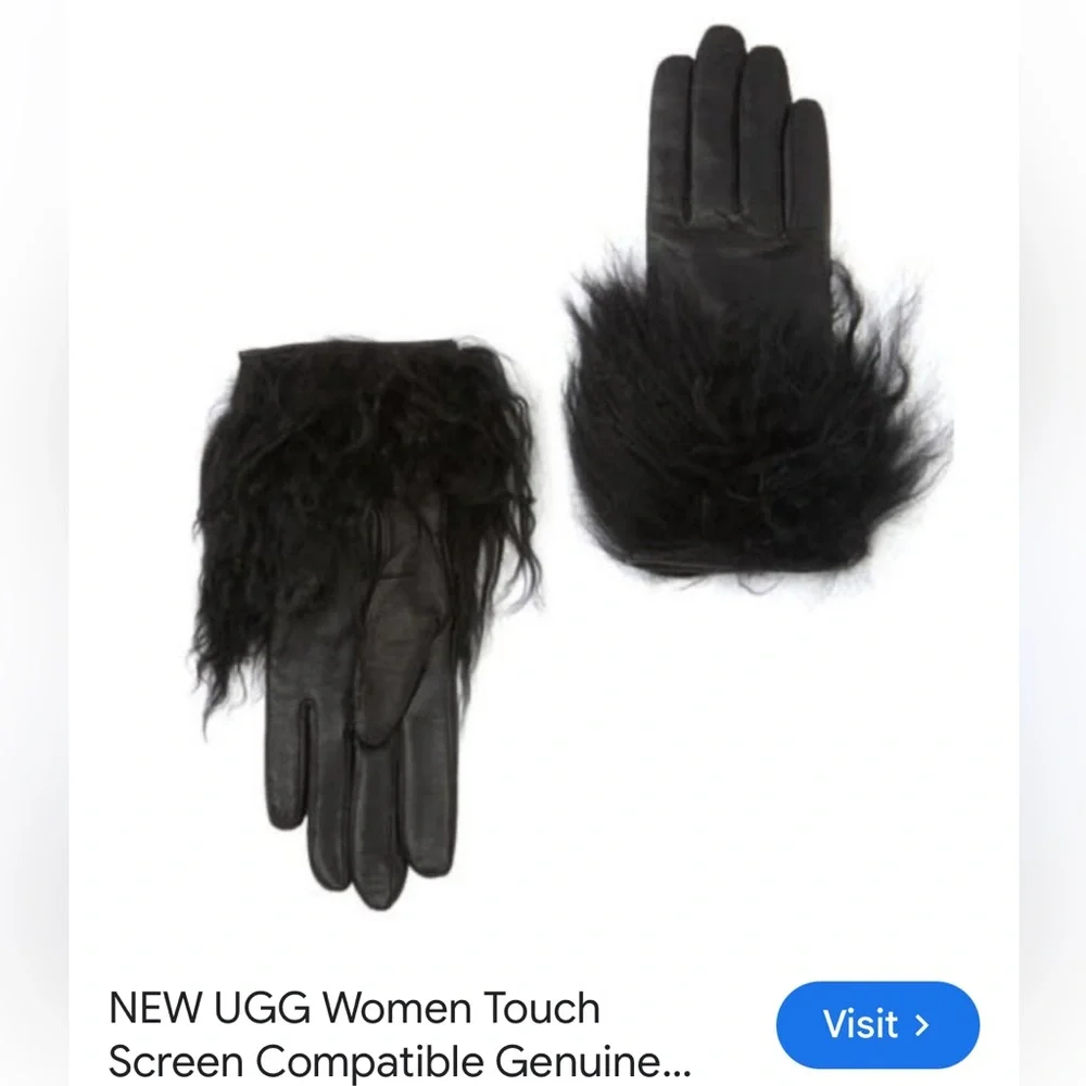 UGG Genuine Dyed Shearling black  Leather Trimmed Gloves women size large NEW
